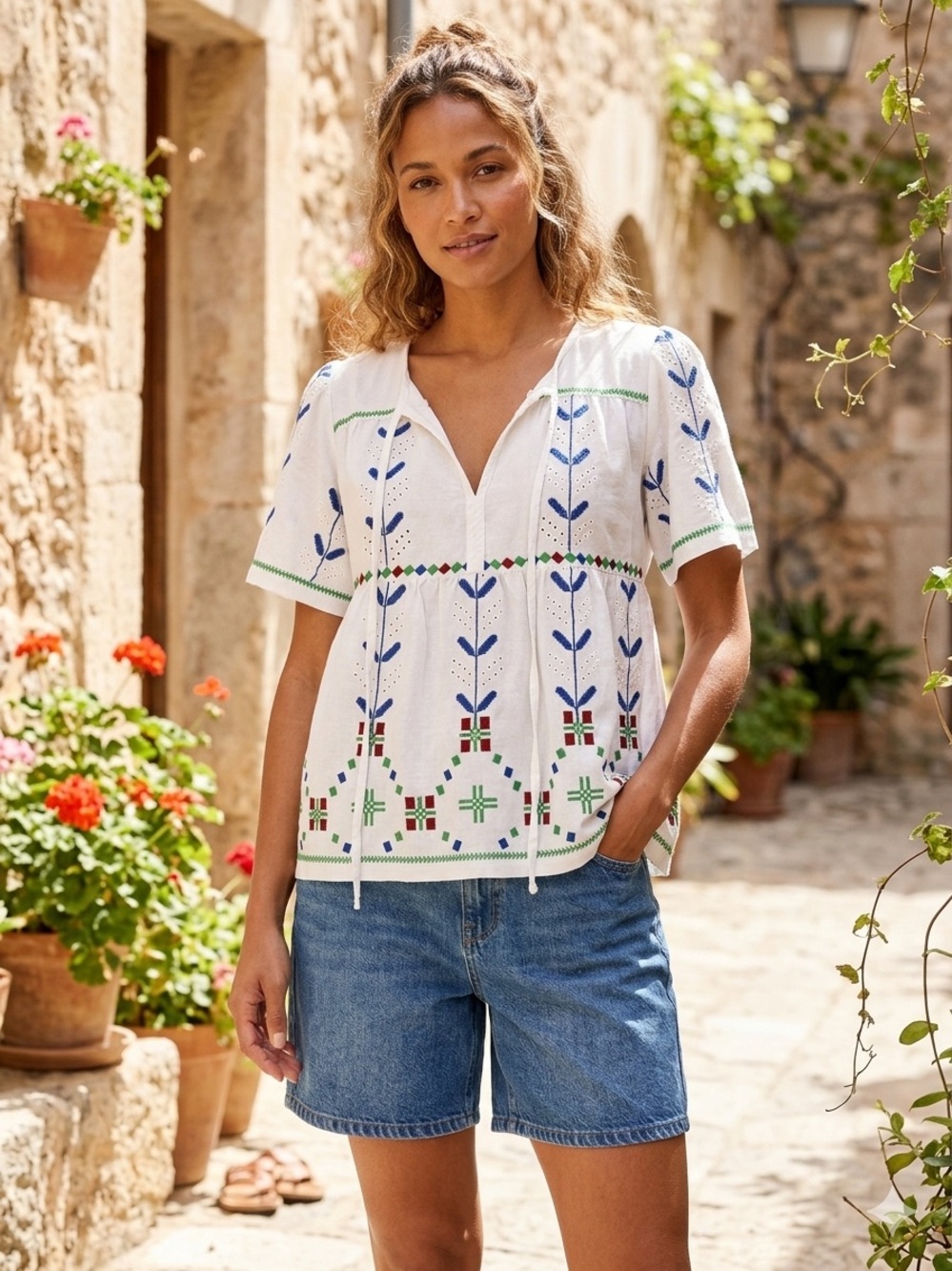 BA&SH Kimber Linen-Blend Embroidered Top, Size XS In GUC